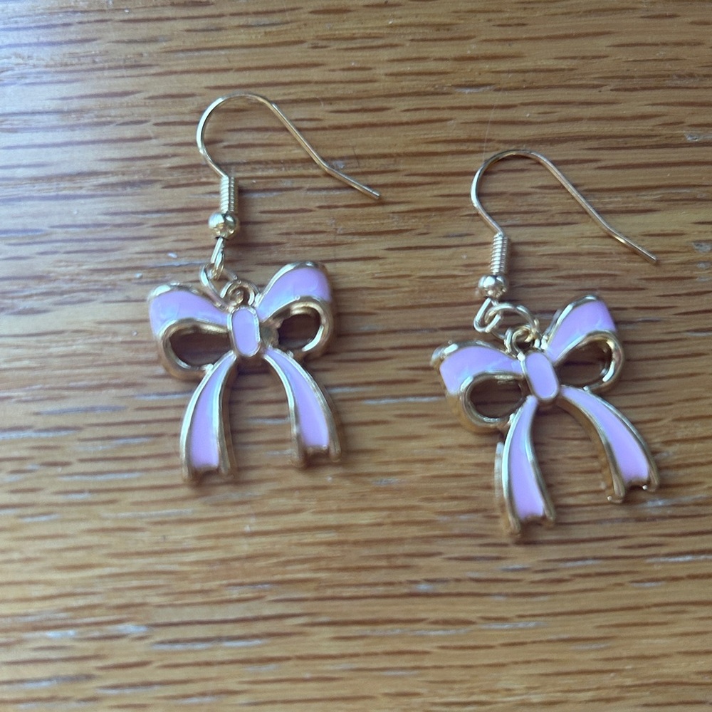 Pink and Gold toned Bow Earrings